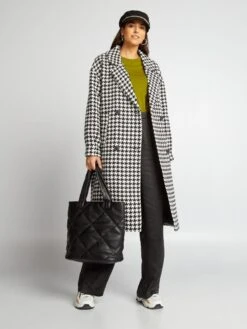 Abrigo Largo Con Estampado De Pata De Gallo - Negro