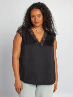 Blusa Con Escote De Pico Y Encaje - Negro -Zalaris Tienda blusa con escote de pico y encaje negro adz93 3 frb4