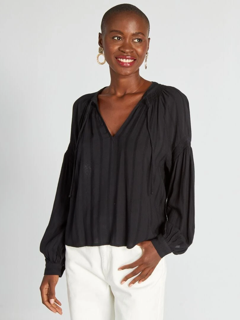 Blusa Con Manga Abombada Y Tejido Texturizado - Negro 3 Blusa Con Manga Abombada Y Tejido Texturizado - Negro