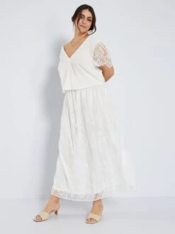 Blusa Corta Con Manga De Encaje - BLANCO