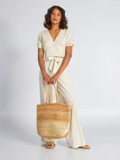 Blusa Crop Top De Lino Con Escote Pronunciado - NATURAL COMO