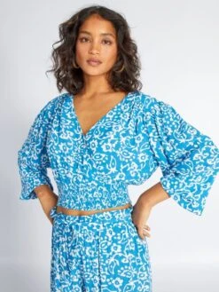 Blusa Cropped Con Cuello Efecto Cruzado - AZUL -Zalaris Tienda blusa cropped con cuello efecto cruzado azul amz03 1 frb3