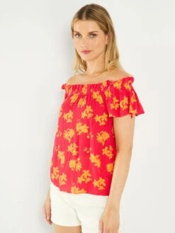 Blusa De Flores Escote Bardot - ROSA