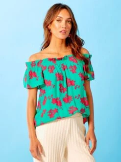 Blusa De Flores Escote Bardot - VERDE