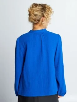 Blusa De Gasa De Algodón Con Cuello Alto - Azul -Zalaris Tienda blusa de gasa de algodon con cuello alto azul aee49 6 frb3