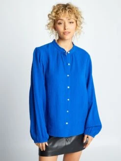 Blusa De Gasa De Algodón Con Cuello Alto - Azul -Zalaris Tienda blusa de gasa de algodon con cuello alto azul aee49 6 frb4
