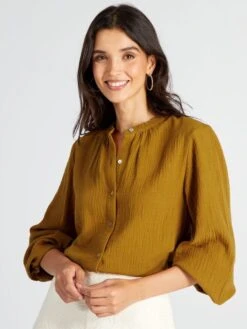 Blusa De Gasa De Algodón Con Cuello Alto - Gelel
