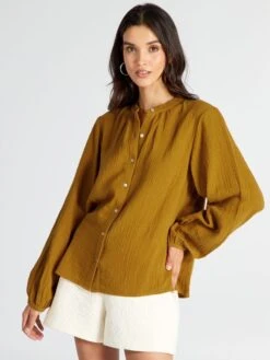Blusa De Gasa De Algodón Con Cuello Alto - Gelel -Zalaris Tienda blusa de gasa de algodon con cuello alto gelel aee49 2 frb4