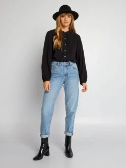 Blusa De Gasa De Algodón Con Cuello Alto - Negro