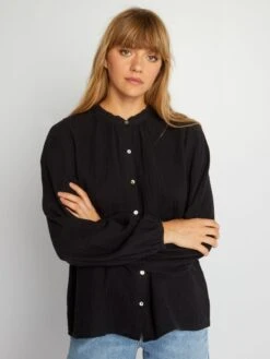Blusa De Gasa De Algodón Con Cuello Alto - Negro -Zalaris Tienda blusa de gasa de algodon con cuello alto negro aee49 3 frb3
