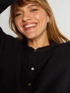 Blusa De Gasa De Algodón Con Cuello Alto - Negro -Zalaris Tienda blusa de gasa de algodon con cuello alto negro aee49 3 frb5