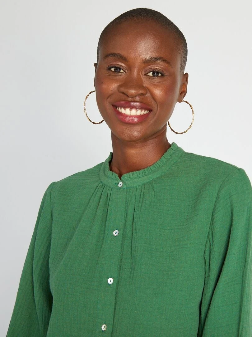 Blusa De Gasa De Algodón Con Cuello Alto - Verde 5 Blusa De Gasa De Algodón Con Cuello Alto - Verde - Imagen 3