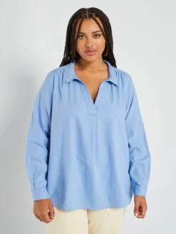 Blusa De Lino Con Cuello De Pico - BELAIR_BLU