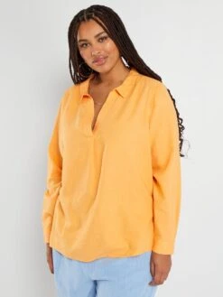 Blusa De Lino Con Cuello De Pico - SIMULACRO DE NARANJA