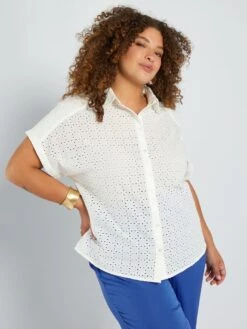 Blusa De Manga Corta Con Bordado Inglés - Blanco