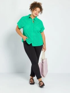 Blusa De Manga Corta Con Bordado Inglés - Verde