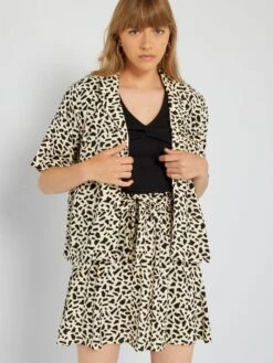 Blusa De Manga Corta Con Motivo - BLANCO