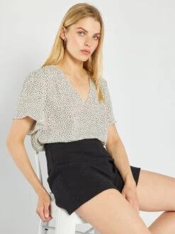 Blusa De Manga Corta Estampada - BLANCO