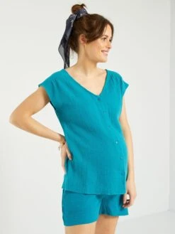 Blusa Premamá De Gasa De Algodón - AZUL