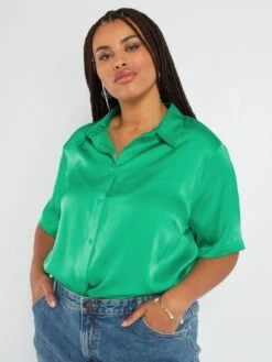 Blusa Satinada Con Cuello Italiano - Verde -Zalaris Tienda blusa satinada con cuello italiano verde adz94 4 frb3