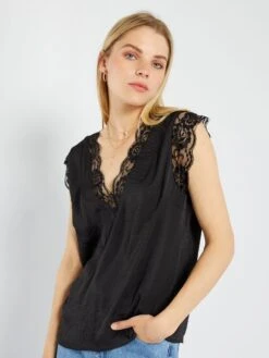 Blusa Satinada Con Encaje - Negro -Zalaris Tienda blusa satinada con encaje negro acw46 4 frb5