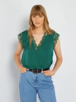 Blusa Satinada Con Encaje - Verde -Zalaris Tienda blusa satinada con encaje verde acw46 3 frb4