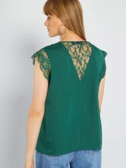 Blusa Satinada Con Encaje - Verde -Zalaris Tienda blusa satinada con encaje verde acw46 3 frb5