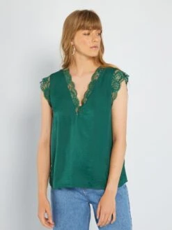 Blusa Satinada Con Encaje - Verde -Zalaris Tienda blusa satinada con encaje verde acw46 3 frb6