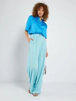 Blusa Satinada De Manga Corta - AZUL