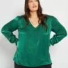 Blusa Satinada Escote De Pico - VERDE