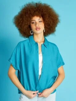 Blusa Vaporosa De Manga Corta - AZUL