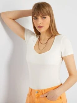 Body De Punto De Canalé De Manga Corta - Blanco