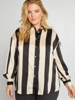 Camisa De Efecto Satinado Cuello Italiano - NEGRO