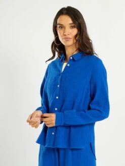 Camisa De Gasa De Algodón - AZUL -Zalaris Tienda camisa de gasa de algodon azul zo431 7 frb5