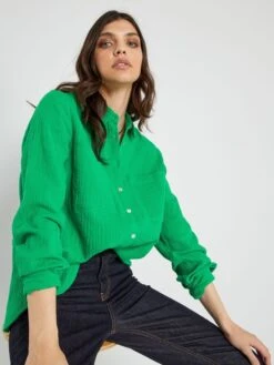 Camisa De Gasa De Algodón - Verde Flúor