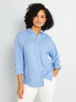 Camisa Larga Lisa De Lino - AZUL