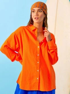 Camisa Larga Lisa De Lino - Naranja -Zalaris Tienda camisa larga lisa de lino naranja zn912 4 frb3