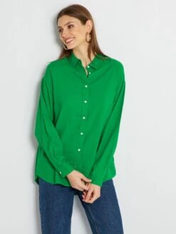 Camisa Larga Lisa De Lino - Verde Flúor