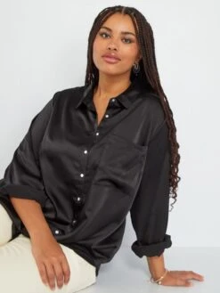 Camisa Larga Satinada - NEGRO