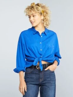 Camisa Lisa De Manga Larga - Azul