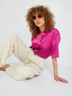 Camisa Satinada De Manga Corta - Rosa