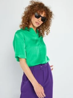 Camisa Satinada De Manga Corta - Verde 7 Camisa Satinada De Manga Corta - Verde -Zalaris Tienda camisa satinada de manga corta verde acw55 4 frb2