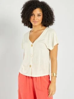 Camiseta Con Escote Abotonado - Beige
