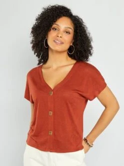 Camiseta Con Escote Abotonado - Marrón