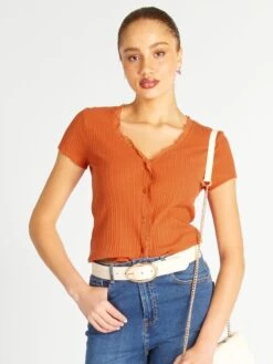 Camiseta De Canalé Con Encaje - Naranja