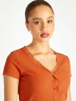 Camiseta De Canalé Con Encaje - Naranja -Zalaris Tienda camiseta de canale con encaje naranja avx68 2 frb3