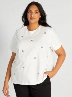 Camiseta De Cuello Redondo Con Strass - BLANCO