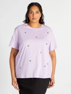 Camiseta De Cuello Redondo Con Strass - PURPURA