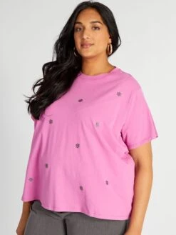 Camiseta De Cuello Redondo Con Strass - ROSA