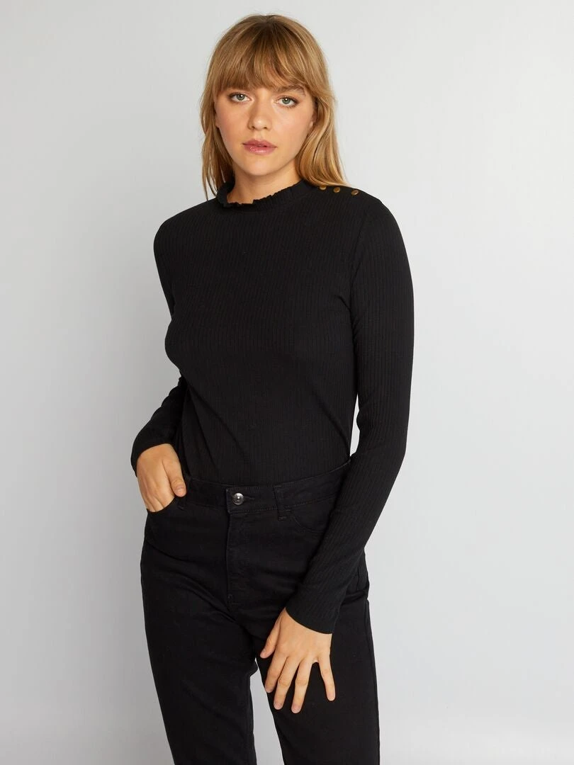 Camiseta De Manga Larga De Punto De Canalé - Negro 3 Camiseta De Manga Larga De Punto De Canalé - Negro